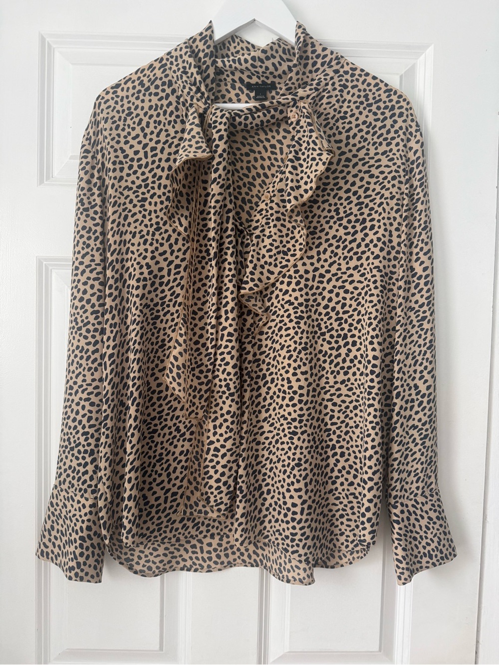 Tie-Neck Ruffle Leopard Print Blouse - Beige/Black